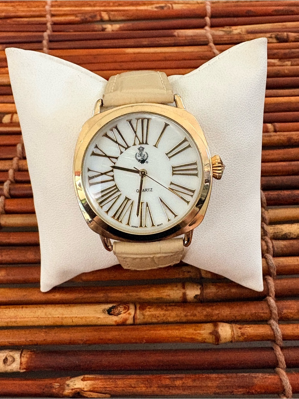 Premier Designs Gold-Tone Case Watch Cream Strap and White Dial Needs Battery